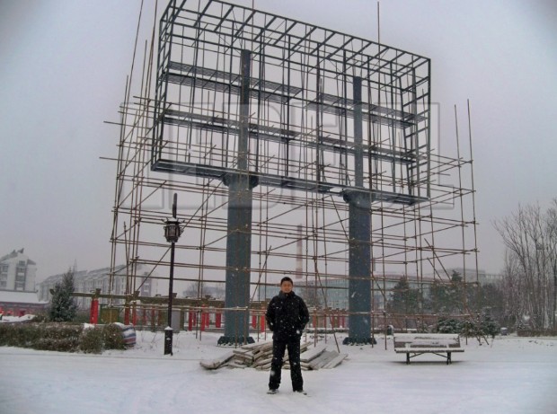 LED Display Structure Frame with Double Pillar Stand in Heavy Snow with Minus 30 Celsius Degrees